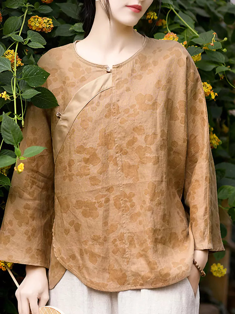 Gelbes Damenhemd im neuen chinesischen Stil aus Leinen mit Kreuzkragen und Froschknöpfen