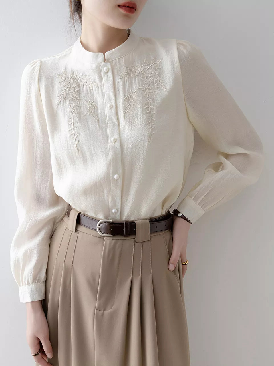 Apricot Embroidered Stand Collar Blouse for Women