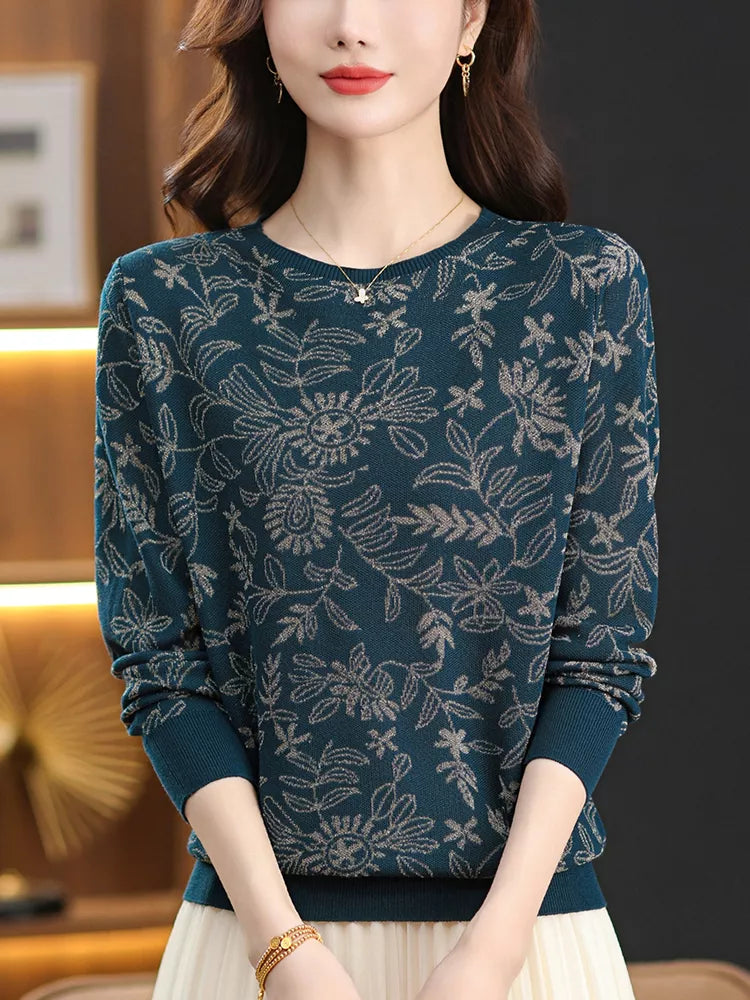 Elegante top de punto jacquard con cuello redondo para mujer