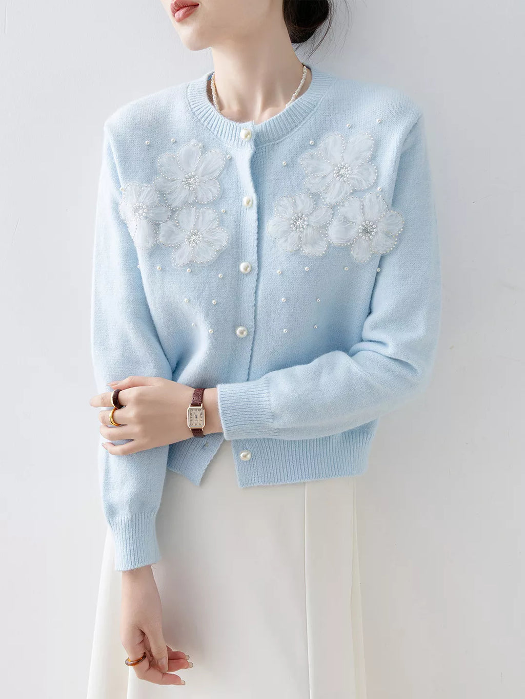 Sky Blue Loose Knit Cardigan for Women with Floral Beaded Design