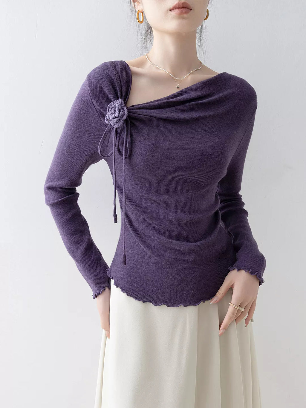 Purple Floral Ruffled Asymmetric Neck Knit Top for Women