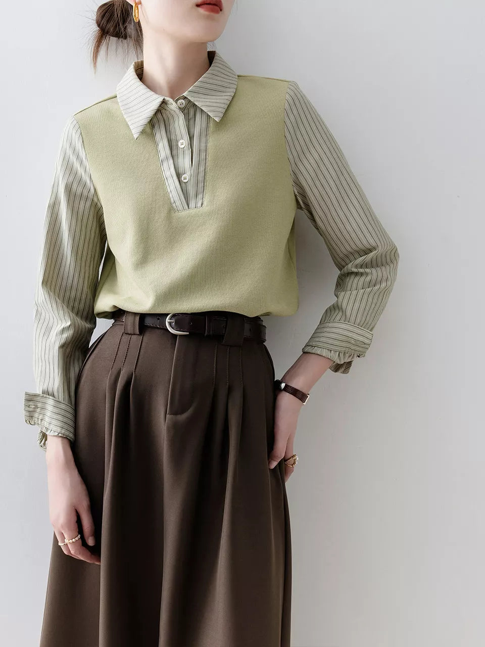 Stylish French Style Green Layered-Look Patchwork Shirt for Women