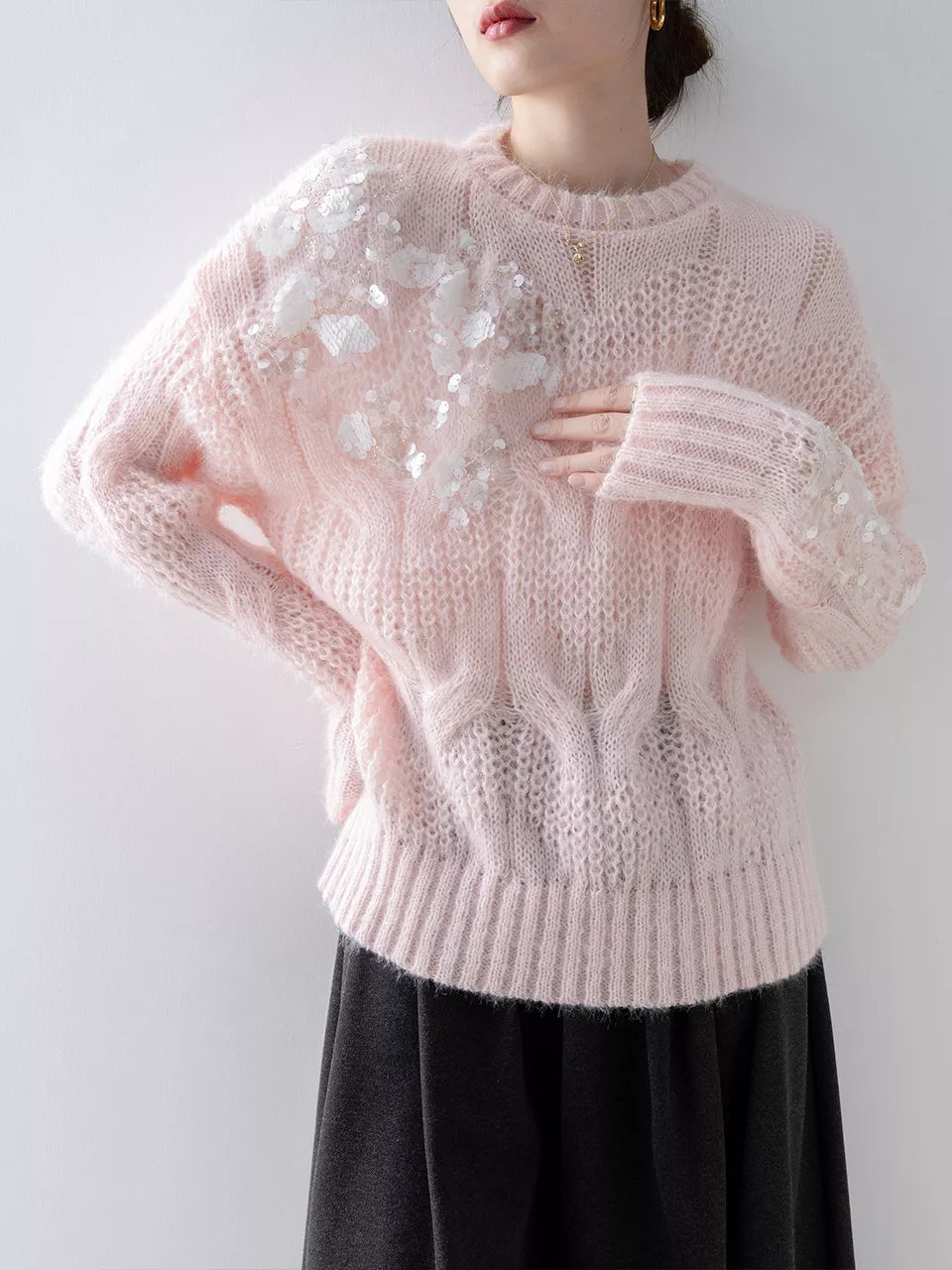 Rosa Pailletten-Mohair-Strickpullover für Damen