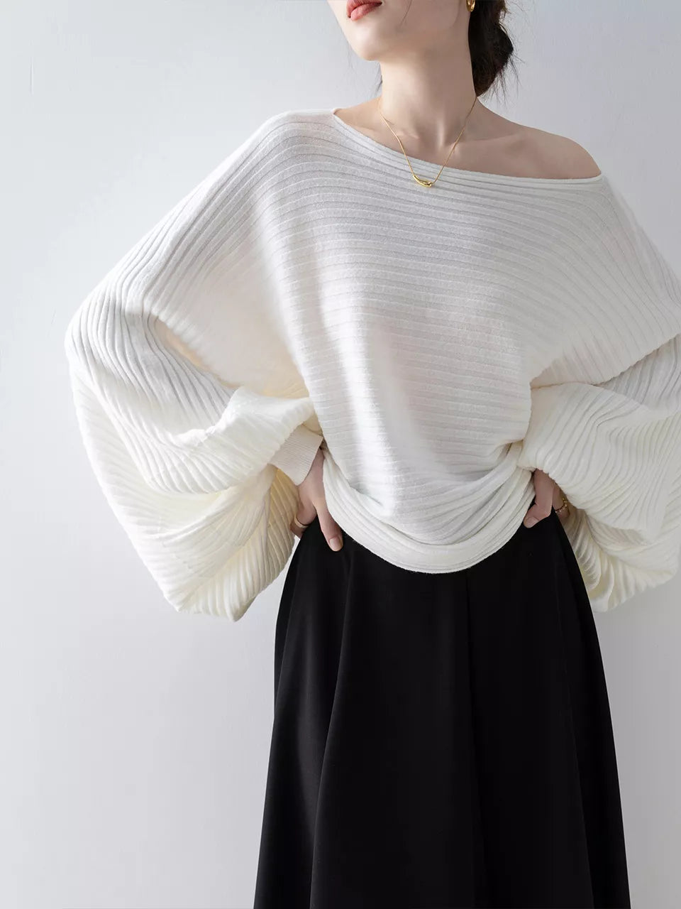 White Off-Shoulder Knit Sweater for Women