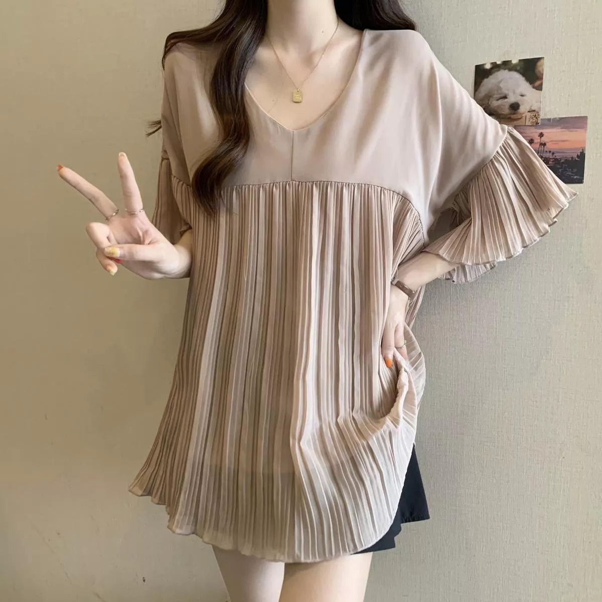 V-Neck Pleated Chiffon Blouse for Women
