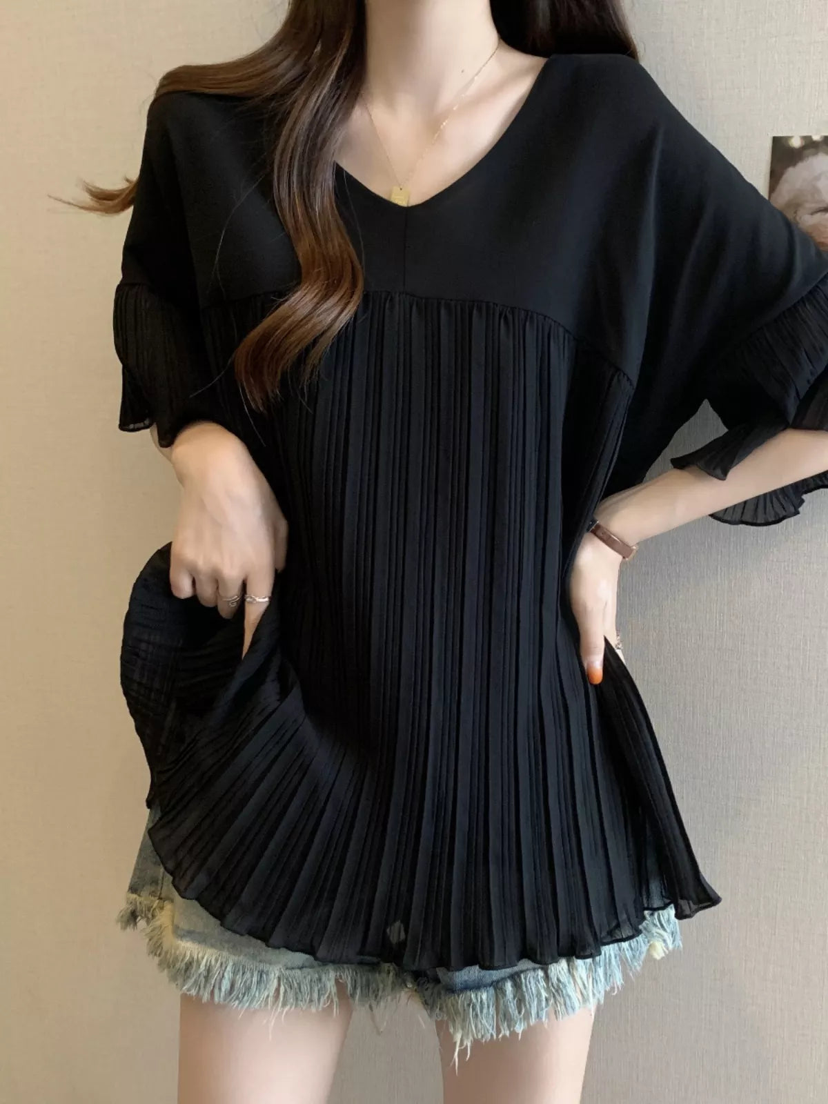 V-Neck Pleated Chiffon Blouse for Women