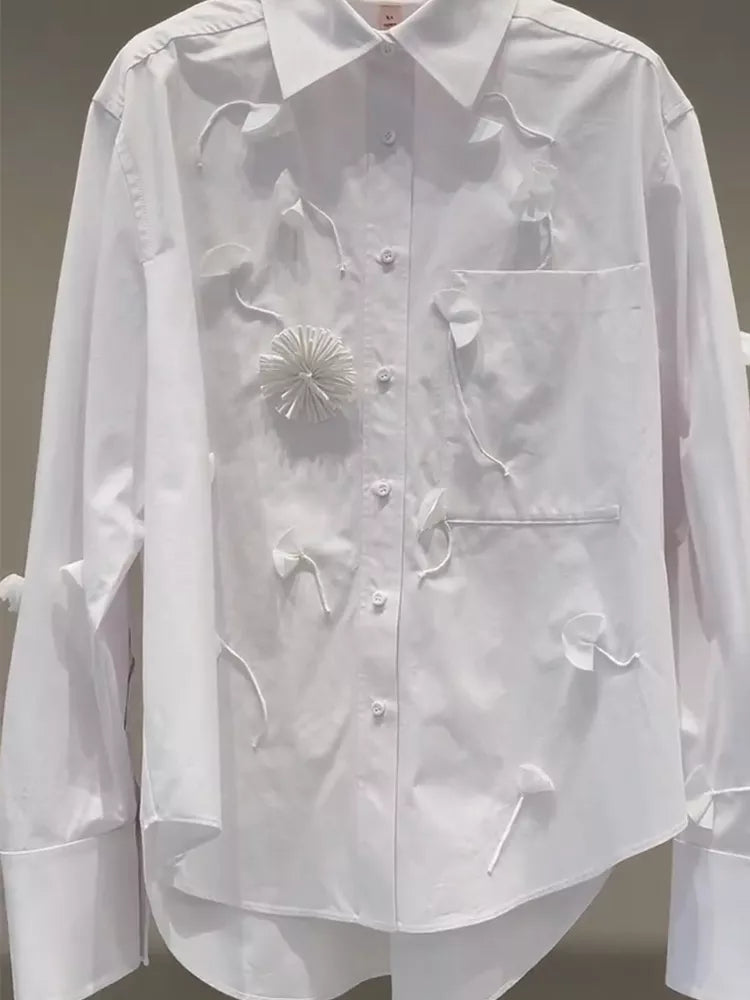 Weißes Poloshirt mit 3D-Blumenmuster für Damen