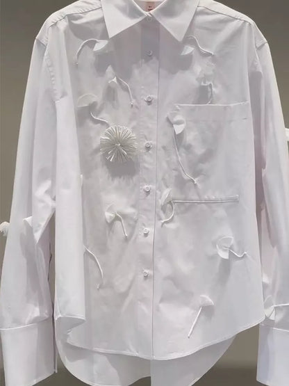 Weißes Poloshirt mit 3D-Blumenmuster für Damen