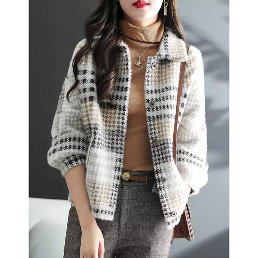 Short Plaid Faux Mink Fur Jacket for Women