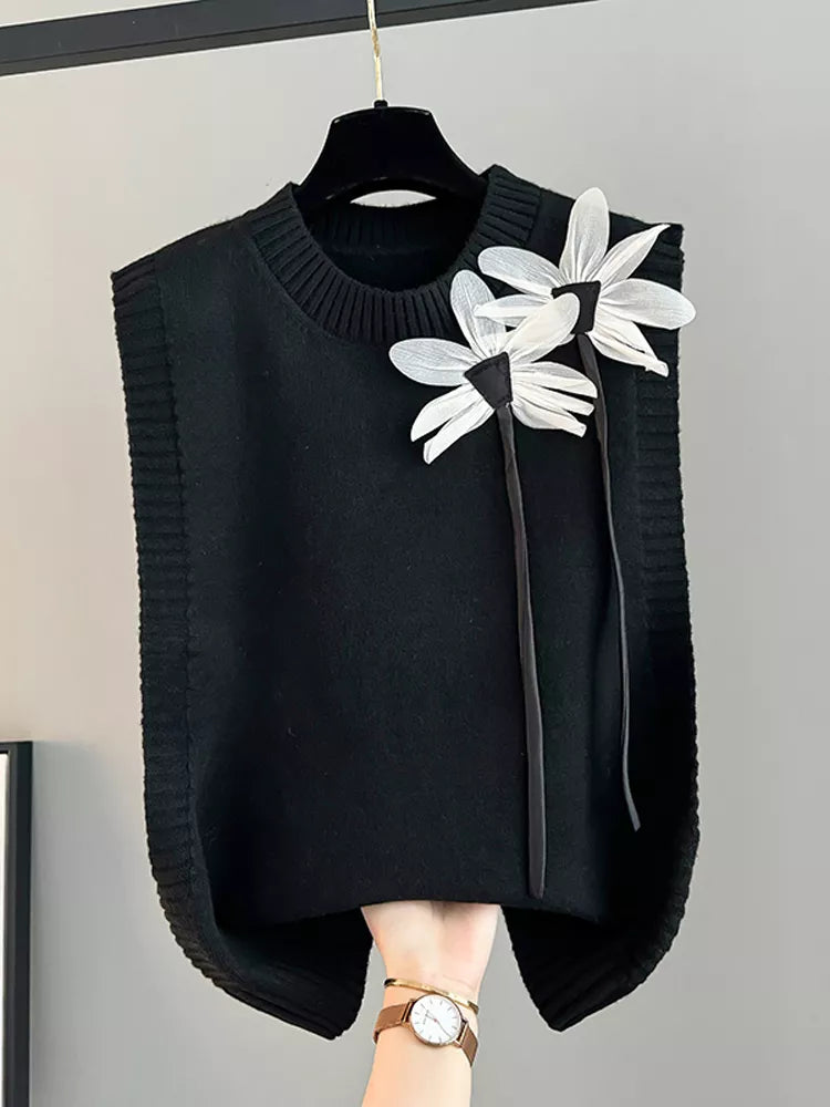 Beige Floral Knit Vest for Women