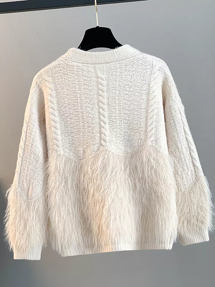 Beige V-neck Knit Cardigan for Women