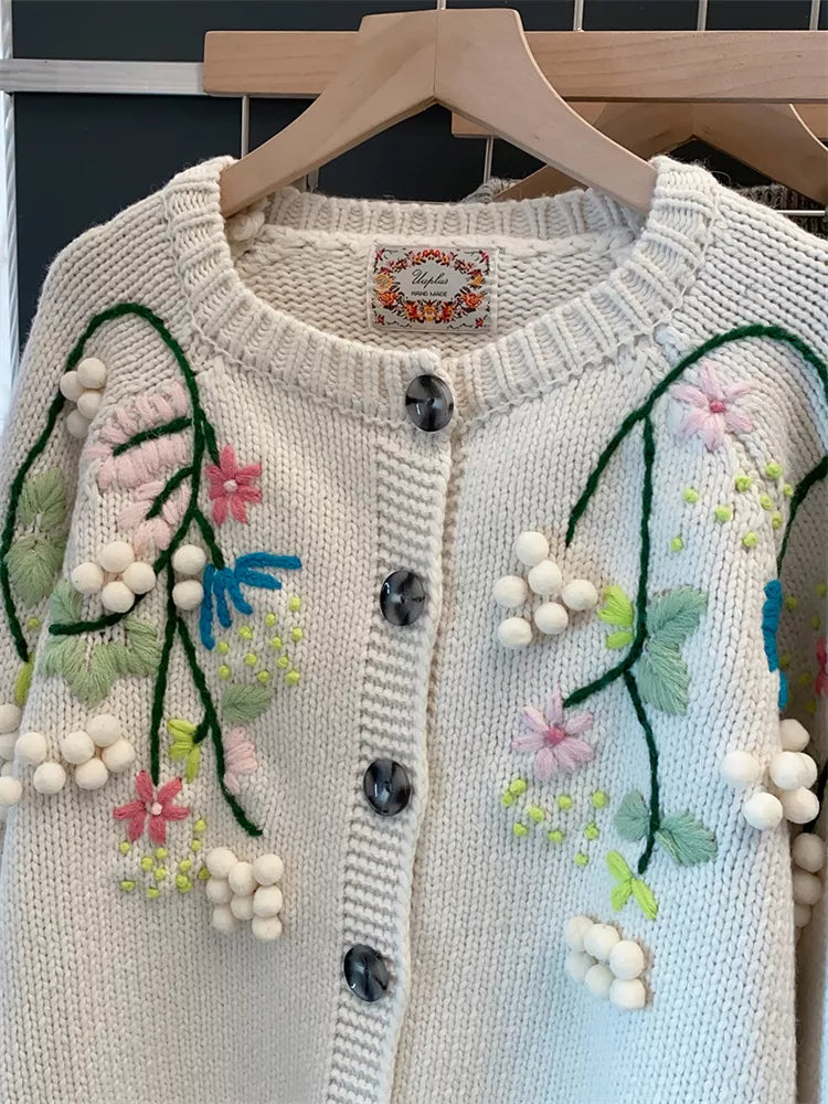 Vintage Hand-Embroidered Thick Knit Cardigan for Women