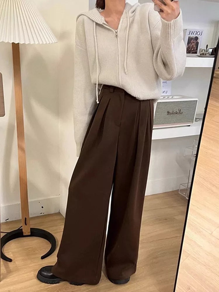 Beigefarbene Strickjacke mit Kapuze und Reißverschluss für Damen
