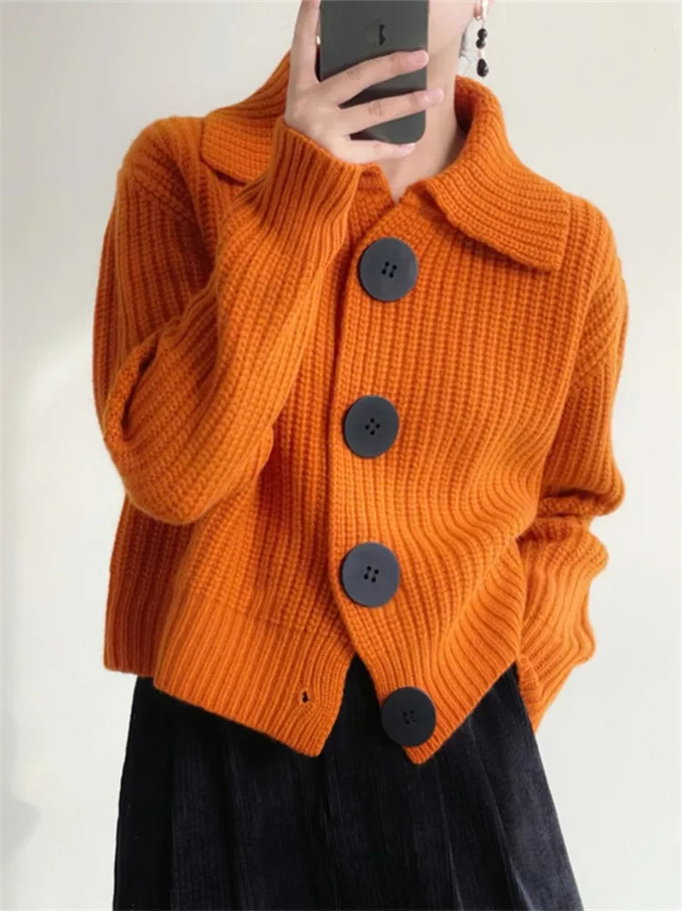Vintage Red Button-Up Knit Cardigan for Women
