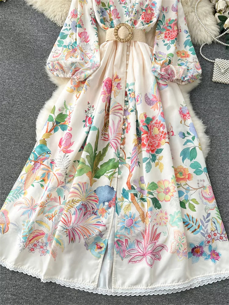 Maxikleid im französischen Stil mit V-Ausschnitt, Spitzenbesatz und Blumenmuster für Damen