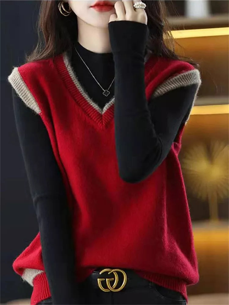 Strickweste mit Farbblock-Design und V-Ausschnitt für Damen