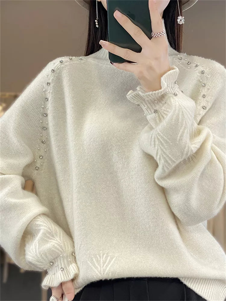 Suéter de punto con cuello alto y adornos para mujer