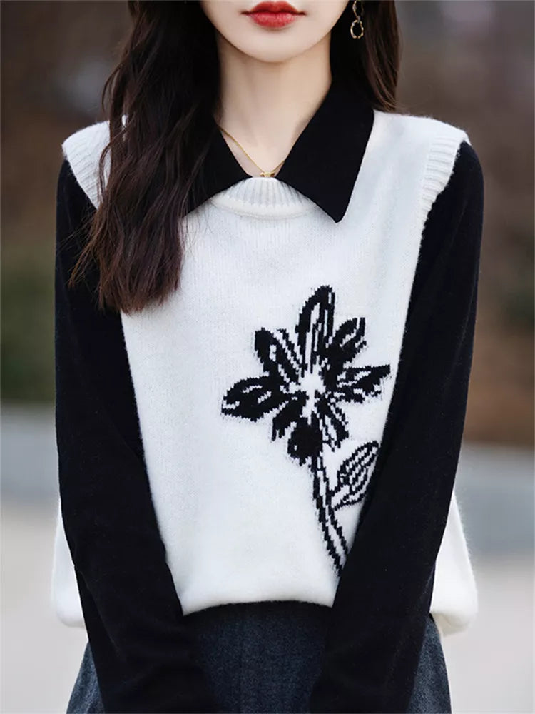 Black Floral Knit Vest for Women