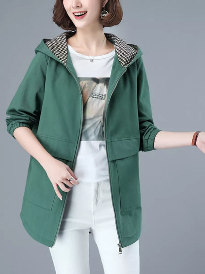 Grüner Baumwoll-Trenchcoat mit Kapuze für Damen