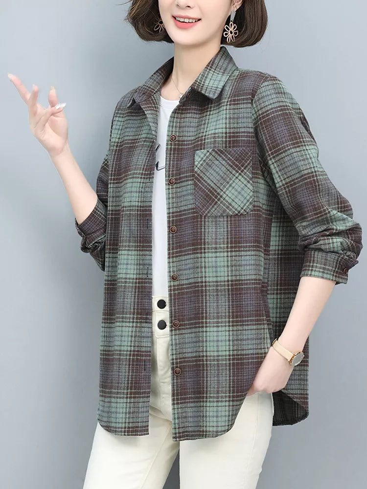 Lässige karierte Hemdjacke aus Baumwolle für Damen 