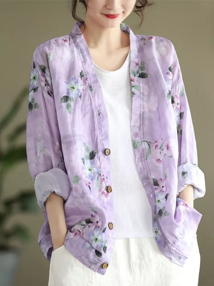 Orangefarbenes, lässiges Vintage-Leinenhemd für Damen mit Print 