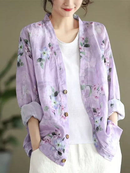 Orangefarbenes, lässiges Vintage-Leinenhemd für Damen mit Print 