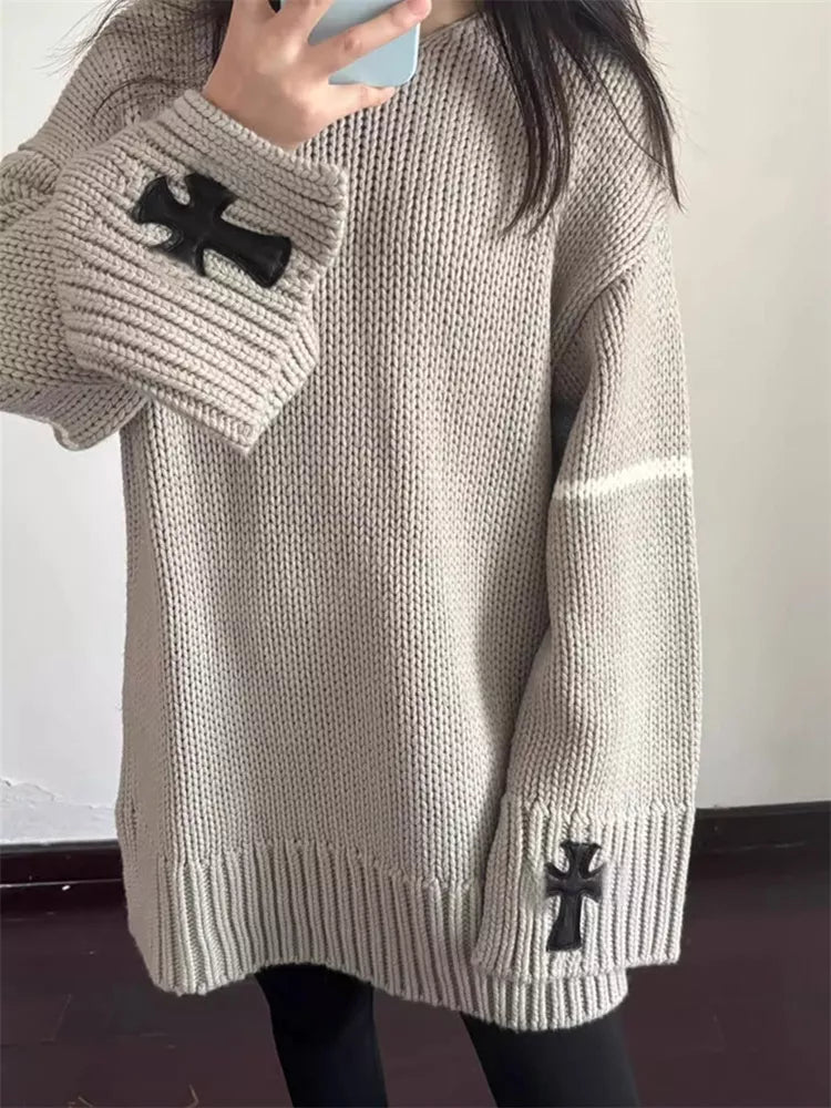 Koreanischer Vintage-Pullover mit gekreuzten Ärmeln für Damen