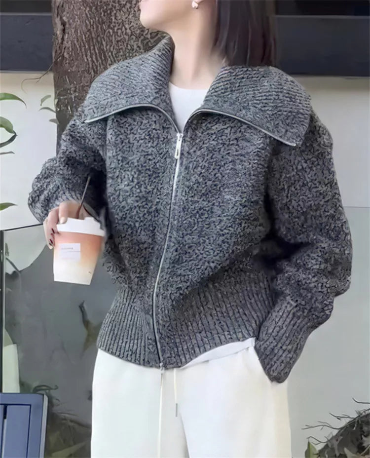 Double-Zipper Thick Knit Cardigan with Turn-Down Collar for Women