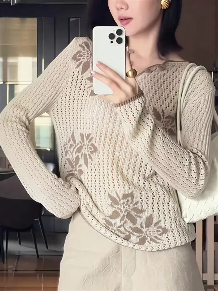 Bedrucktes, farblich abgesetztes Langarm-Strickoberteil für Damen