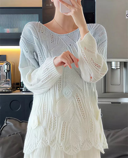 Suéter de punto hueco con degradado azul y blanco para mujer, diseño floral 3D elegante