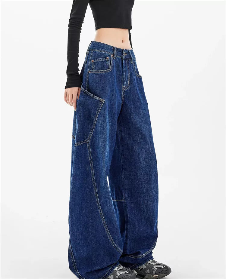 American Style Curved Pocket Denim Cargo Pants for Women