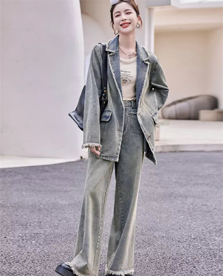 Vintage Denim Blazer and Wide-Leg Pants Set for Women