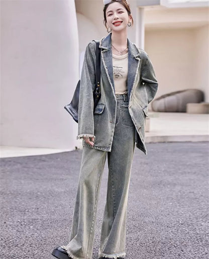 Conjunto de blazer vaquero vintage y pantalón ancho para mujer