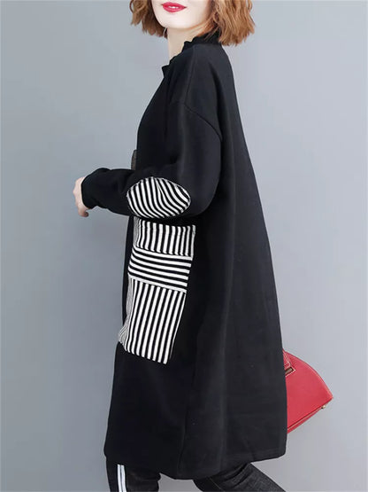 Vestido tipo sudadera holgado negro para mujer con bolsillos grandes