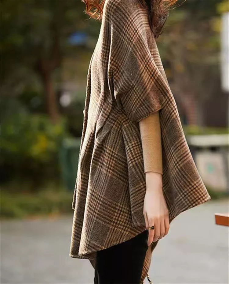 Vintage V-Ausschnitt Karo-Cape-Strickjacke für Damen