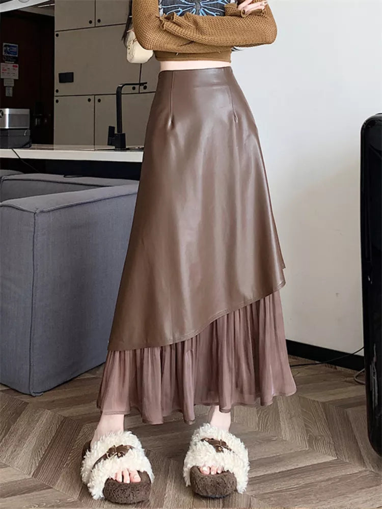 Elegant Brown PU Patchwork A-Line Mermaid Skirt for Women