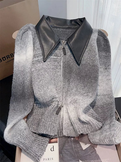 Vintage Cropped PU Leather Patchwork Zip-Up Striped Knit Cardigan for Women