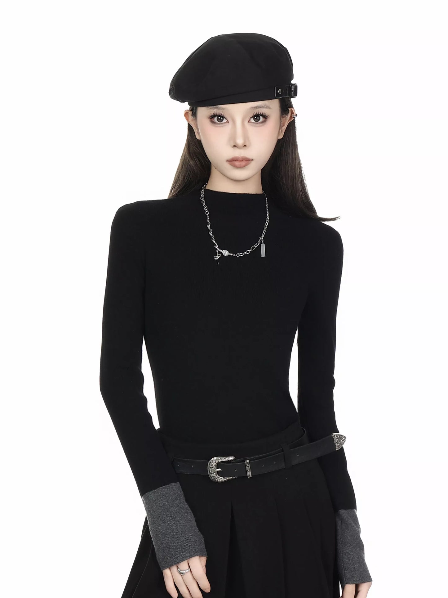 Vintage Black Mock Neck Patchwork Knit Sweater for Women