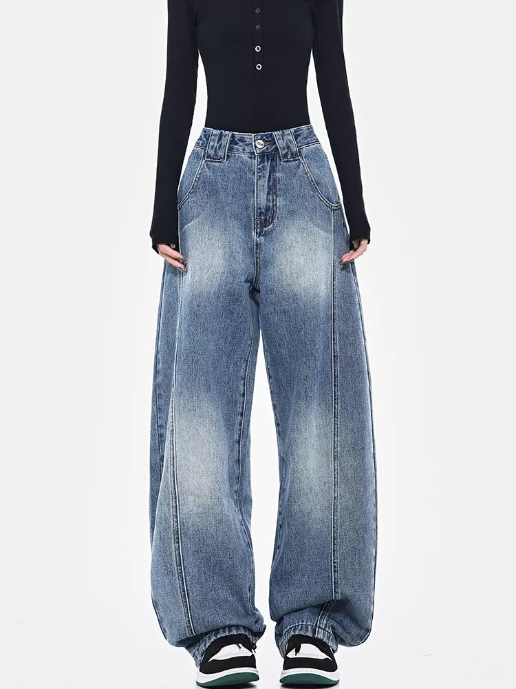 Vintage Deconstructed Curved Denim Wide-Leg Jeans for Women