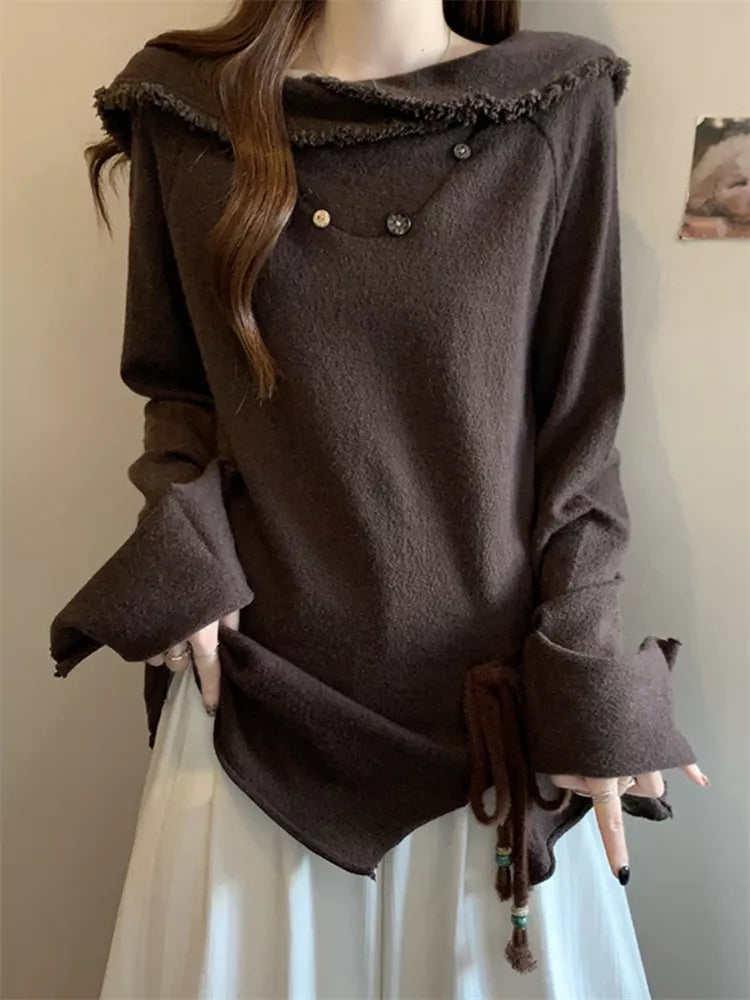 Suéter de punto con flecos y solapa retro vintage para mujer