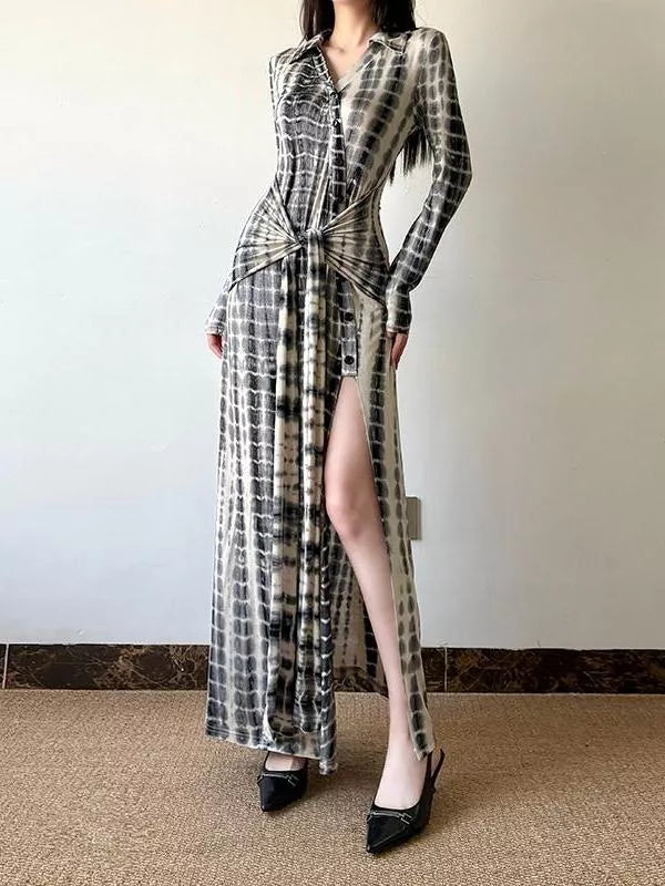 Vestido midi de manga larga estampado para mujer con abertura lateral
