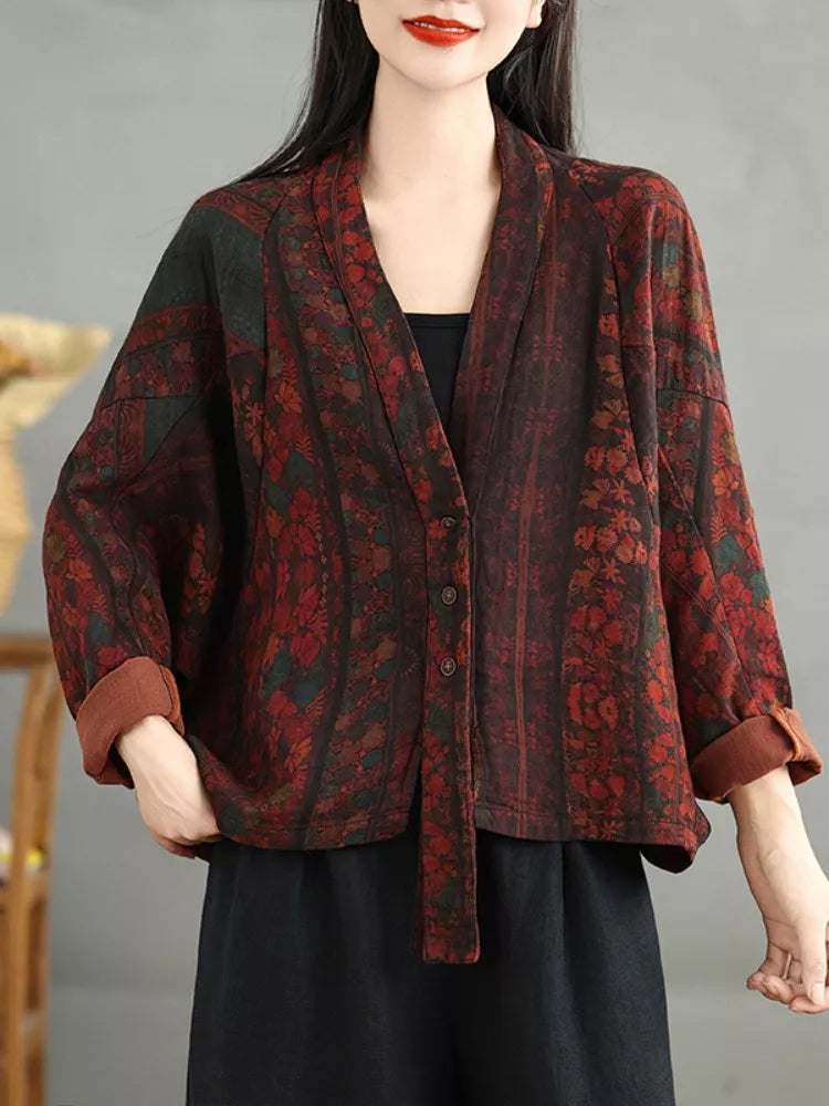 Kurze, locker geschnittene Damenjacke aus bedrucktem Baumwoll-Leinen-Mischgewebe mit Fledermausärmeln und V-Ausschnitt in Übergröße