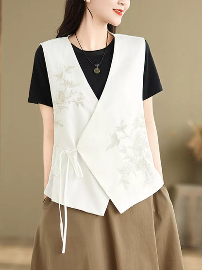 Vintage Embroidered V-Neck Short Vest for Women