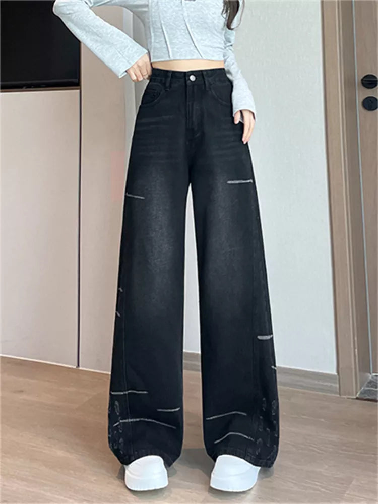 Pantalones vaqueros desgastados de pierna ancha estilo americano vintage para mujer