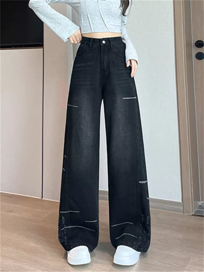 Pantalones vaqueros desgastados de pierna ancha estilo americano vintage para mujer