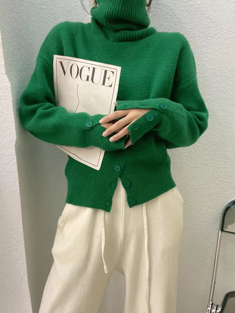 Women’s French Style High-Neck Pullover Sweater with Button Front Slit