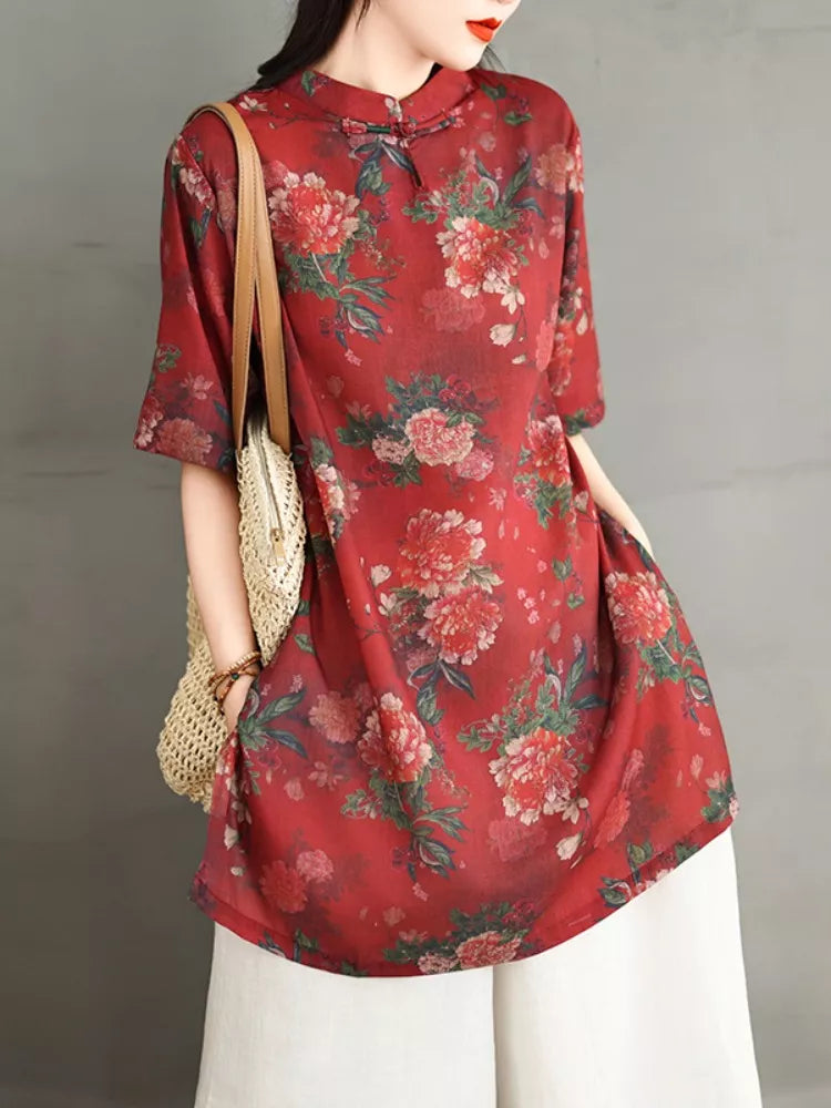 Camisa de lino y algodón con estampado de peonías rojas de estilo chino para mujer