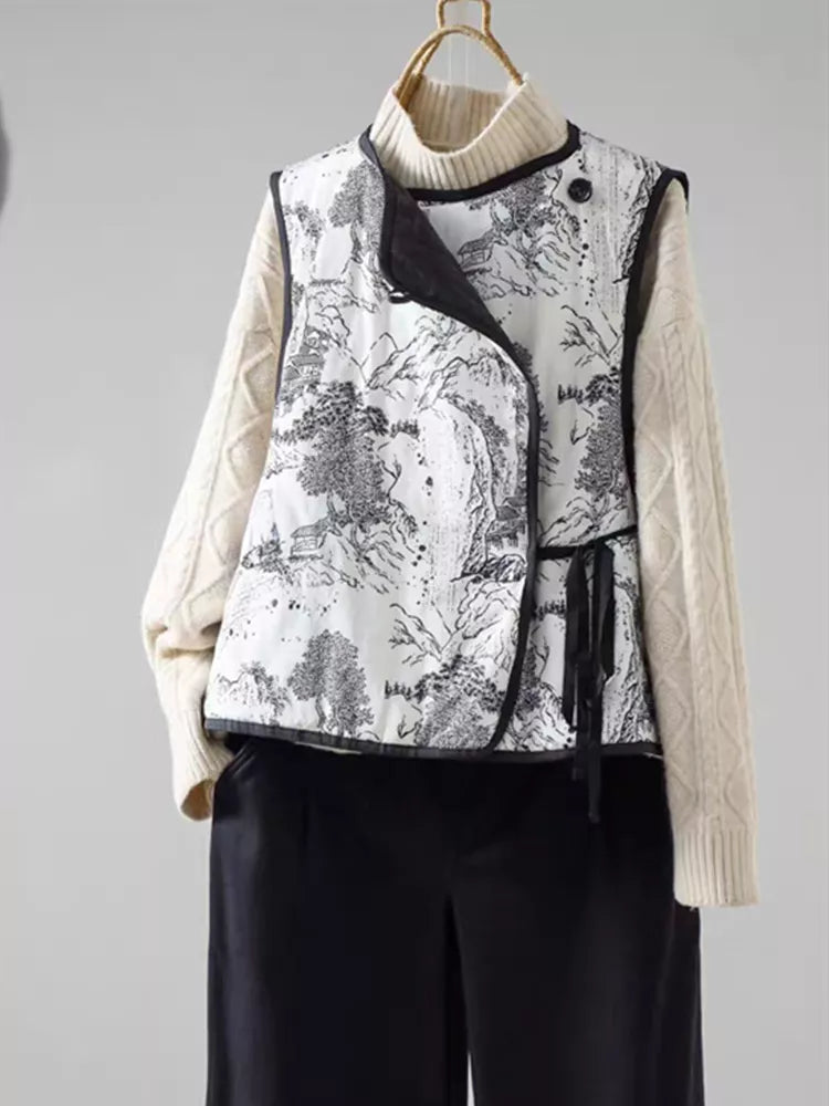Chaleco acolchado reversible con estampado de tinta estilo chino y frente cruzado para mujer