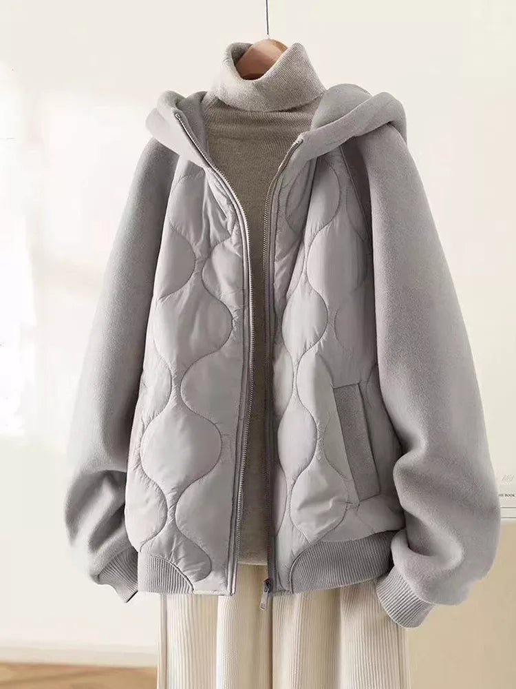 Khakifarbene Steppjacke mit Reißverschluss und Kapuze für Damen 