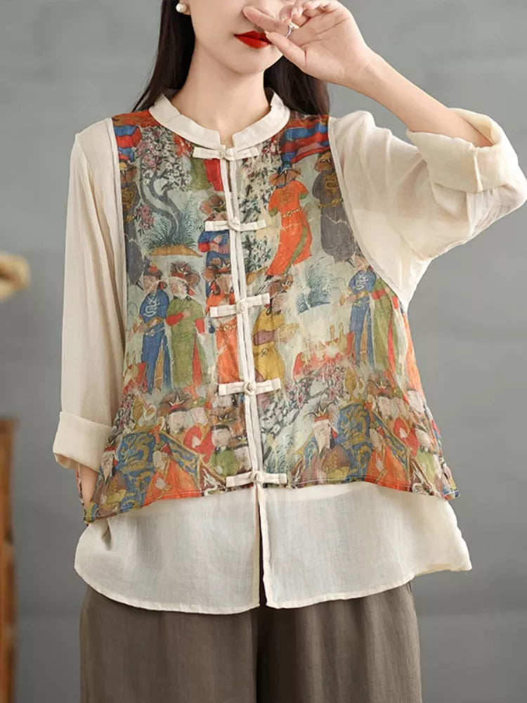 Chaleco bordado con cuello alto estilo chino y blusa de ramio con patchwork, dos piezas falsas